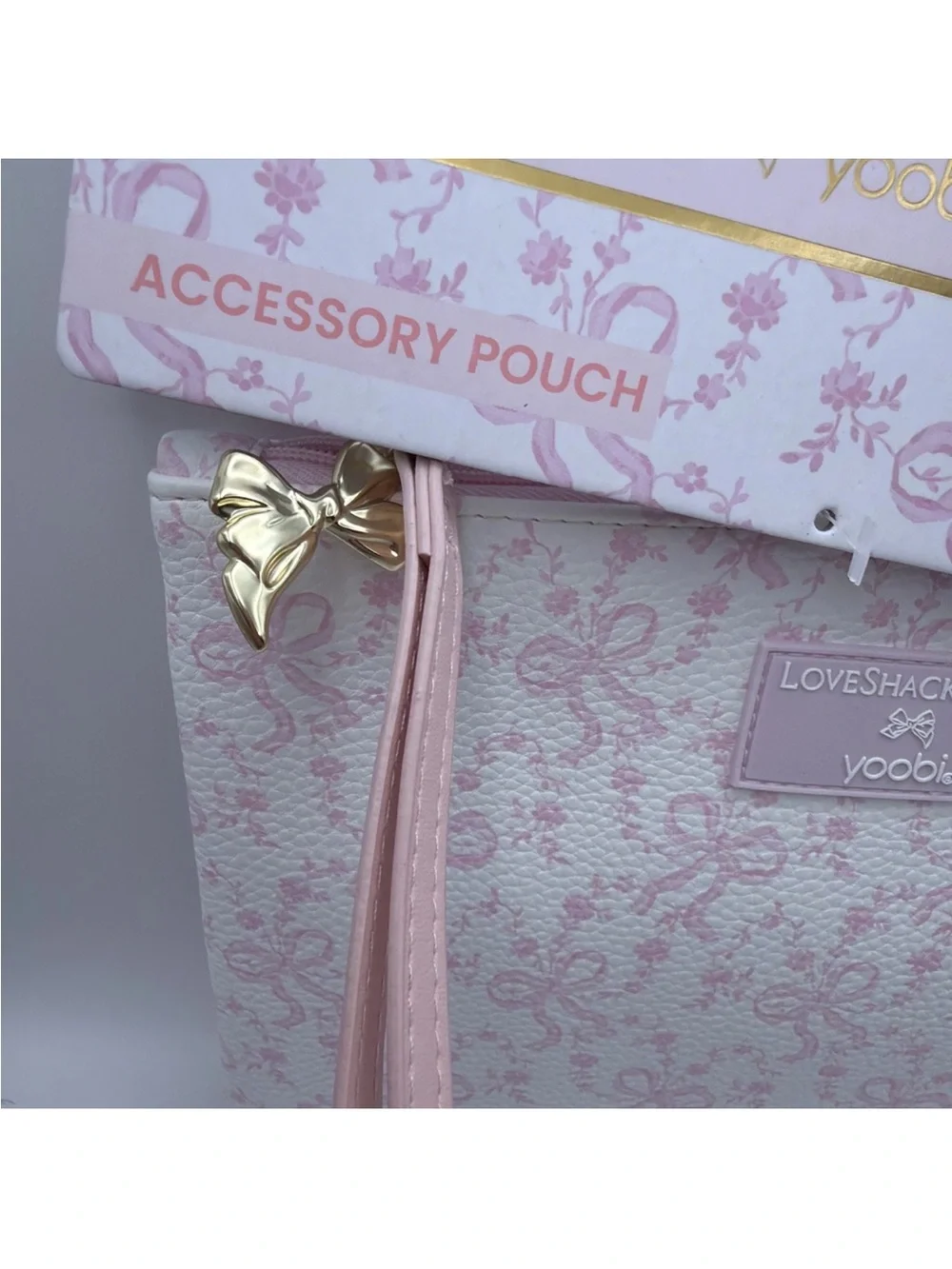 New - LoveShackFancy Pink Coquette Gold Bow Zipper Pouch/Wristlet w Strap
